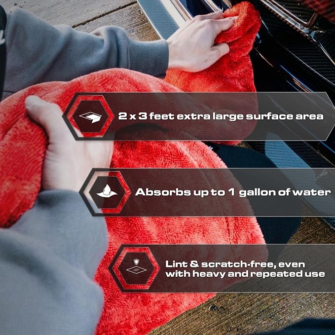 Microfiber Car Drying Towel 24"x36", 1300GSM Twisted Loop | Twisted Loop microfiber dries your car in one pass-1300GSM, streak-free & scratch-safe. Absorbs 6x its weight, no water spots