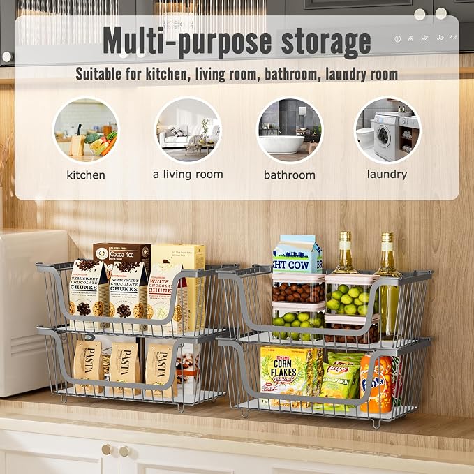 4 Pcs Stackable Wire Baskets for Pantry Organizers and Storage, | Vegetable Fruit Basket for Countertop,Kitchen Storage Metal Baskets,Produce Potato Onion Storage Bin,Gray