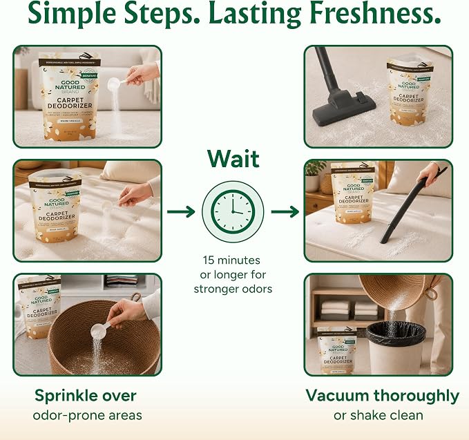 Good Natured Brand | Carpet Freshener & Deodorizer Powder | 31 oz Pet Odor Eliminator for Strong Odor & Pet Urine | Fresh Natural Warm Vanilla Scent | Safe for Homes with Pets