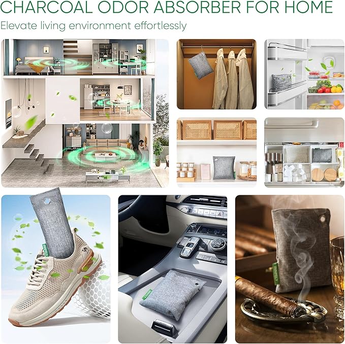 Activated Charcoal Odor Absorber, Odor Eliminator for Strong Odor, 4 Packs | Nature Bamboo Charcoal Air Purifying Bags for Home, Car, Closet, Basement, Pet,Sneaker Deodorizer,Smoke Deodorizer Eliminator