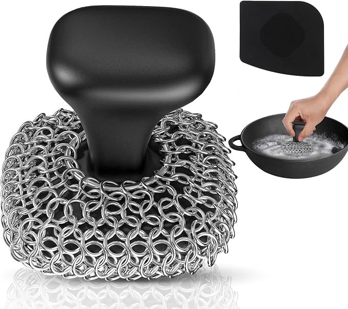 Cast Iron Scrubber Dish Scrub Brush for Cast Iron Pan Skillet | 316 Cast Iron Cleaner, Chain Mail Scrubber Cast Iron, Dish Scouring Pad, Dishwasher Safe, Cleaning Kit, Black