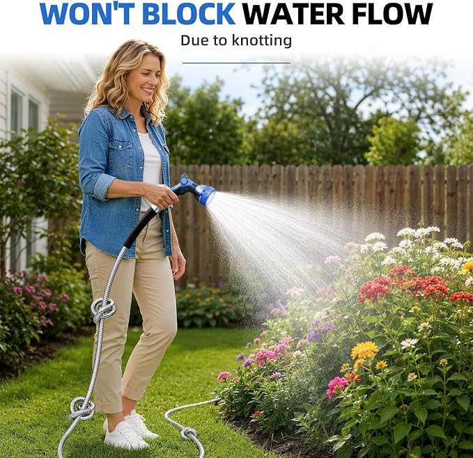 SPECILITE 125ft 304 Stainless Steel Metal Garden Hose with Blue Nozzle | Puncture Resistant, Flexible, Never Kink & Tangle, Heavy Duty Water Pipe for Yard, Outdoor, Lawn