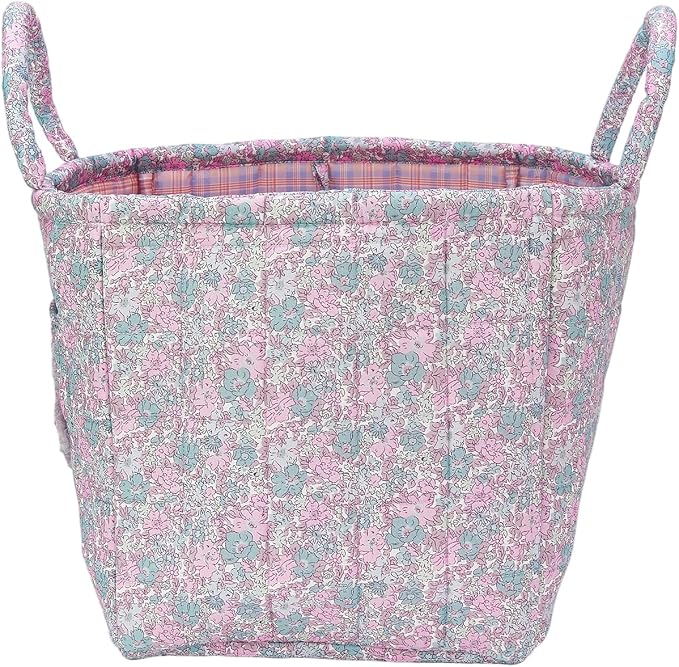 Boho Fabric Storage Basket Quilted Floral Print Baskets Organizer Bin with Handles for Home, Picnic, Shopping (B-Pink, 31cm*27cm*26cm)