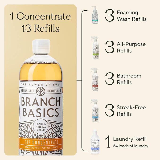 Branch Basics Premium Kit: All-Purpose, Glass, Bathroom, Hand Wash, Laundry | Refillable Plastic Bottles + Concentrate, Oxygen Boost. Fragrance-Free, Human-Safe, Plant-Based Formulas