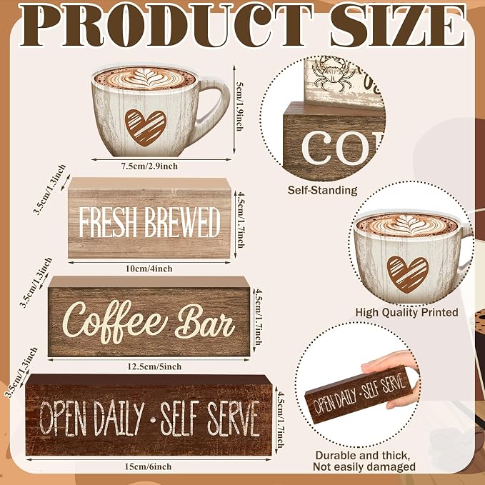 Moucuny 4 Pcs Coffee Bar Wooden Sign Decor Rustic Farmhouse Kitchen Table | Tiered Tray Centerpiece, Bar Supplies for Home, Self Serve Display, Station Decorations for Countertop, Rustic Gift