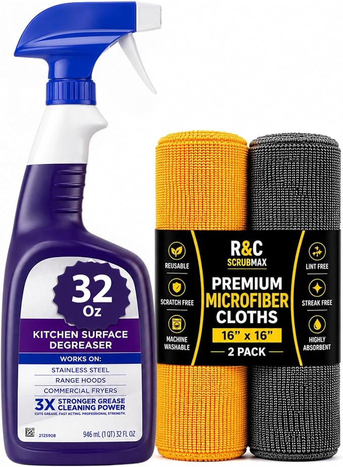 R&C Store Essentials Home Cleaning Bundle Kit, Includes 32 oz Degreaser Spray Compatible with Dawn_Kitchen Surface Degreaser + 2 Primium Microfiber Cleaning Cloths 16x16