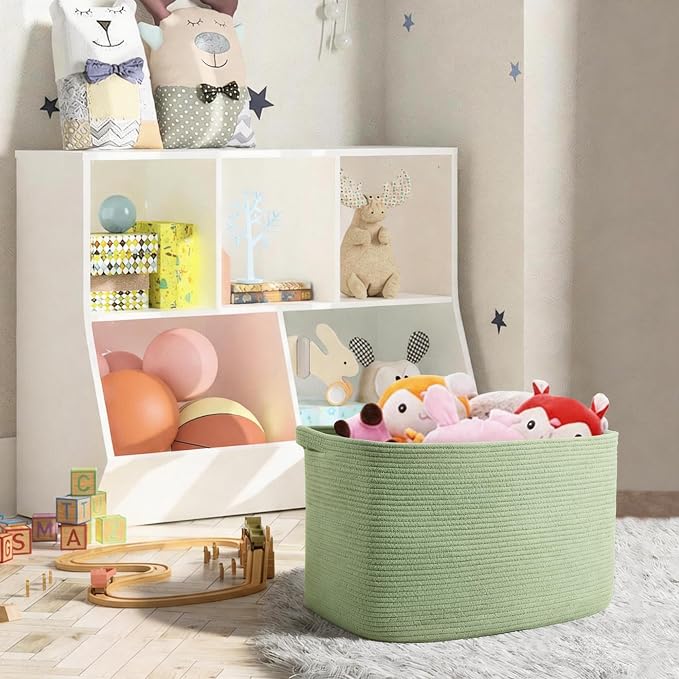 MEGASKET Large Green Baskets for Organizing, 23.6" x 17" x 12" Rectangle Blanket Holder Organizer, Kids Toy Storage Bins, Woven Rope Storage Basket, Green Home Decor Basket, Baby Nursery Storage