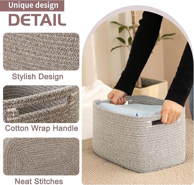 OIAHOMY 4 Pack Storage Baskets for Organizing 24L Cube Storage Bins Grey | Woven Baskets for Storage Rectangle Small Baskets With Handles Baskets for Shelves Wicker Baskets for Shelves 16x12x8inch