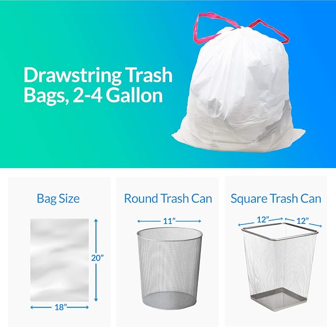 Reli. 2-4 Gallon Trash Bags Drawstring | 250 Count | 18"x 20" | White | Small Garbage Bags 4 Gallon - Drawstring Handles | Trash Can Liners 2 Gal - 3Gal - 4 Gal | Small Bin Liners