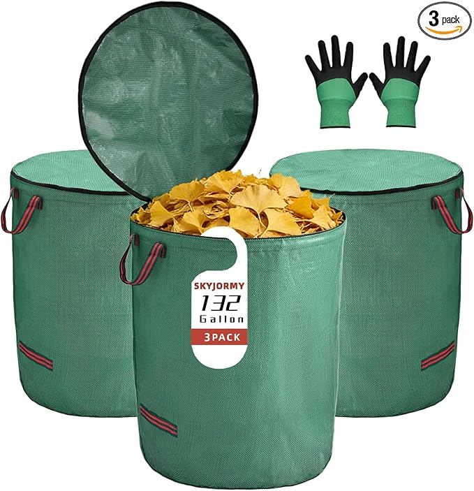 3 Pack 132 Gallon Extra Large Yard Waste Bags with Lid | Jumbo Reusable Garden Bags with Gardening Gloves, Heavy Duty Collapsible Lawn Bag Holder for Massive Leaves & Debris