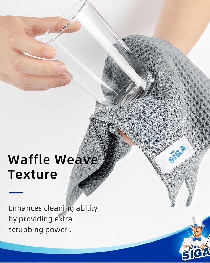 MR.SIGA Waffle Weave Cleaning Cloths, Ultra Absorbent and Lint Free, 6 Pack | Reusable Microfiber waffle towels, lint free microfiber kitchen towels, 30 x 30 cm( 11.8 x 11.8 inch)