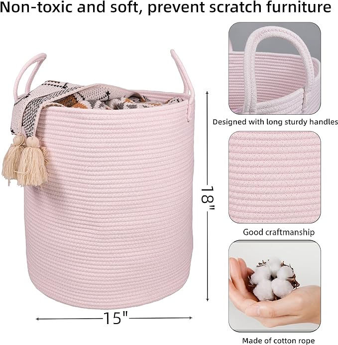 XUANGUO Cotton Rope Laundry Basket Hamper for Girls Kids Baby Nursery Hamper Bin Woven Storage Basket for Living Room Girls room Boho Tall Rope Baskets for Blanket Toys Large light pink (Pack of 2)