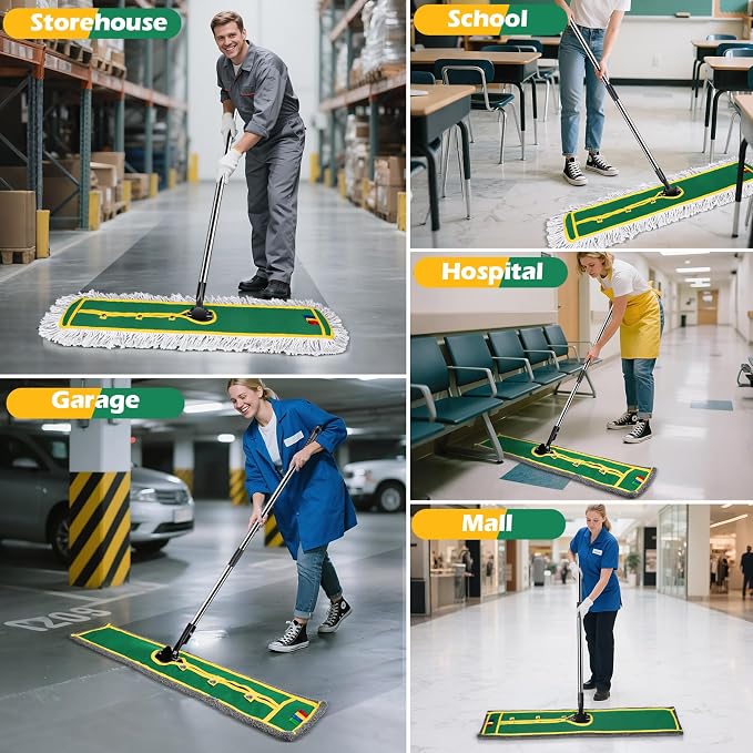42" Commercial Dust Mop for Floor Cleaning, Heavy Duty Industrial Mop | Large Flat Mop with Long Handle, Push Mop with 2 Different Mops Pads, for Hardwood, Tile, Gym, Office, Mall, Warehouse