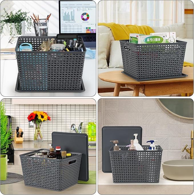 6 Pack Large Plastic Storage Baskets Bins with Lid, Gray | Stackable Storage Basket Organizer Bins with Lids for Organizing Shelves Pantry Closet, 14"x 11.65"x 8.66",