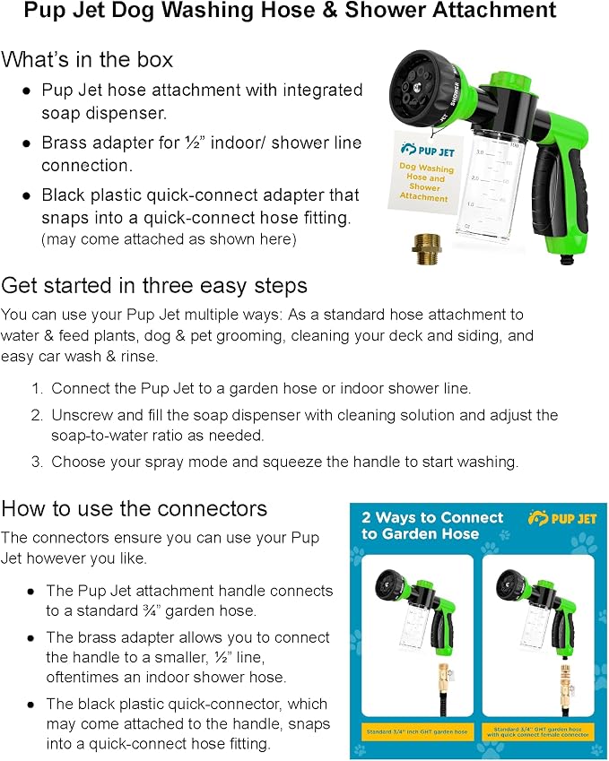 The Original Pup Jet Dog Washing Hose Attachment with Soap Dispenser | 8-in-1 Fur Sweep Shower Attachment & Shampoo Sprayer for Dog Wash, Bath and Grooming, Perfect Pet Care Indoor Outdoor