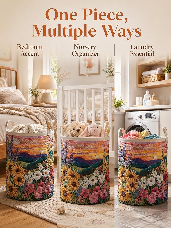 Quilted Laundry Basket with Handles, Boho Floral Quilted Storage Hamper, Large Capacity Laundry Hamper for Nursery Bedroom Laundry Room Home Decor (Pattern 02, Small (18"H x 14"W x 14"L))