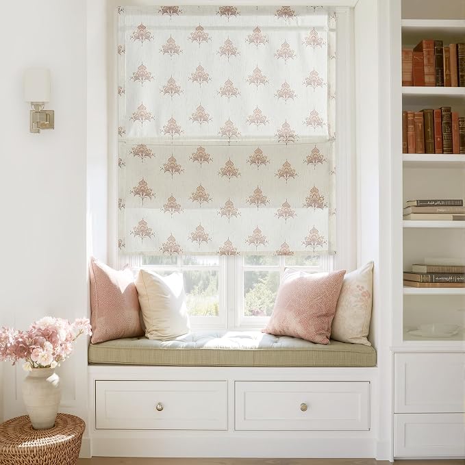 StangH Cordless Floral Linen Roman Shades for Windows, W30 x L64, 1 Panel | Magnetic Window Shades, Floral Printed Pattern, Light Filtering with Privacy, Vintage Farmhouse Decor, for Living Room