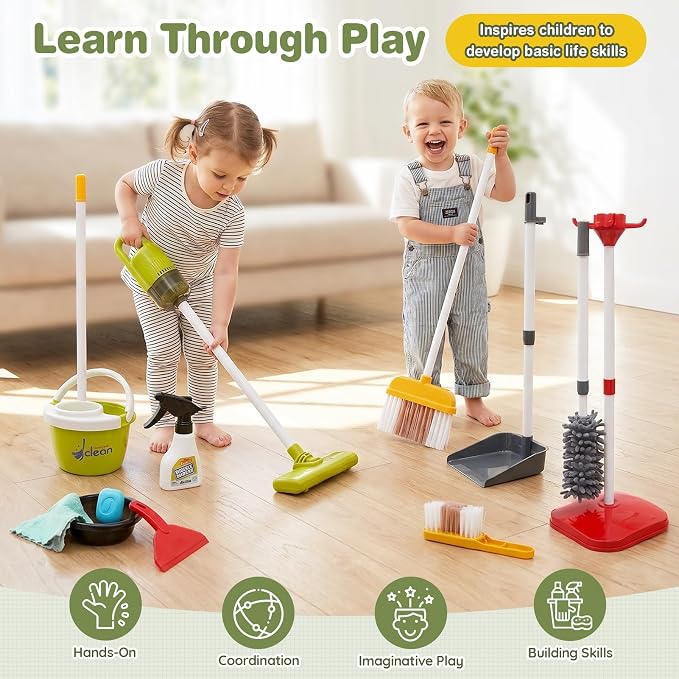 Dreamon Toddler Cleaning Set - 14Pcs Kids Cleaning Toy Set with Kids Vacuum | Red Pretend Home Cleaning Play Set for Toddler Age 3-7, Toddler Vacuum Toy that Works, Christmas Birthday Gift for Girls Boys