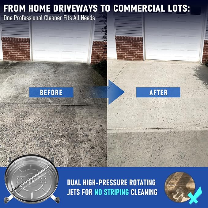 MEKOH 24'' Large Pressure Washer Surface Cleaner, 4500PSI Commercial Grade | Stainless Steel Power Washer Attachment for Driveway Patio Deck Concrete Cleaning, Dual-Handle & Wheels, 3/8'' Quick Connect