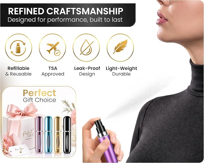 4 Pcs Refillable Perfume Atomizer, Travel Perfume Bottle Refillable and Leak-Proof, Portable Empty Cologne Atomizer, Mini Refillable Perfume Bottle for Pocket, Easy to Refill Decant Sprayer (10 ml)
