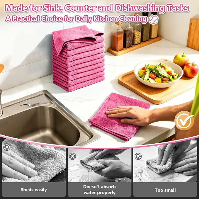 Kitchen Dish Cloths, 12 Pack, 10 x 10 Inches, Soft Absorbent Dish Towels, Lint Free Reusable Dish Rags for Dishwashing, Drying and Daily Cleanup, Hot Pink