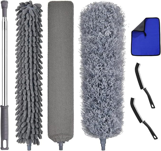 7 Pcs Microfiber Feather Duster with 100-inch Telescopic Extendable Pole, Washable and Reusable Cobweb Duster Kit, Dusters for Cleaning High Ceiling,Fan,Furniture,Blinds
