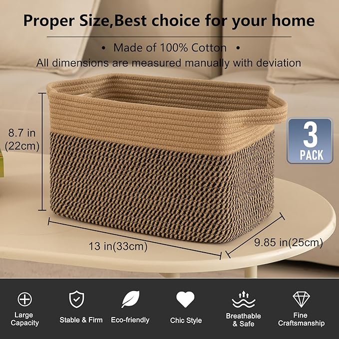 OIAHOMY 3 Pack Storage Basket for Organizing, 13''X9.85''X8.7'' Storage Bins,Woven Basket Basket with Handles, Toy Storage Basket Bin,Stylish Room Decor Basket, Brown & Black