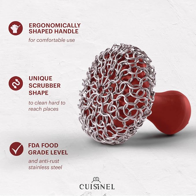 Cuisinel Cast Iron Chain Mail Scrubber + Cleaning Brush + Pan & Grill Scrapers - The Ultimate Skillet and Grill Cleaner Kit - Soft-Touch Confident-Grip Dish Scrub Tool - Silicone/Stainless Accessories