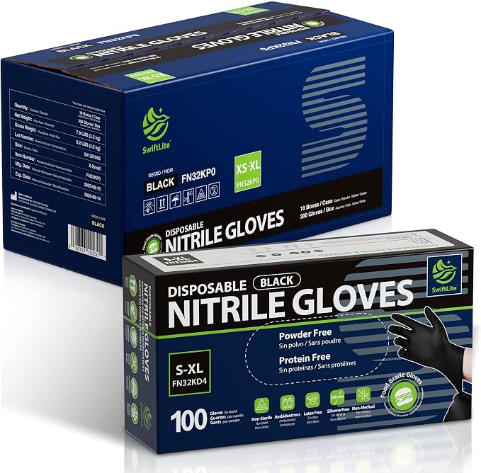 Nitrile Gloves Disposable Latex Free, Black | Food Safe Rubber Gloves Latex-Free and Powder-Free for Cooking, Food Prep, Kitchen, Household Cleaning