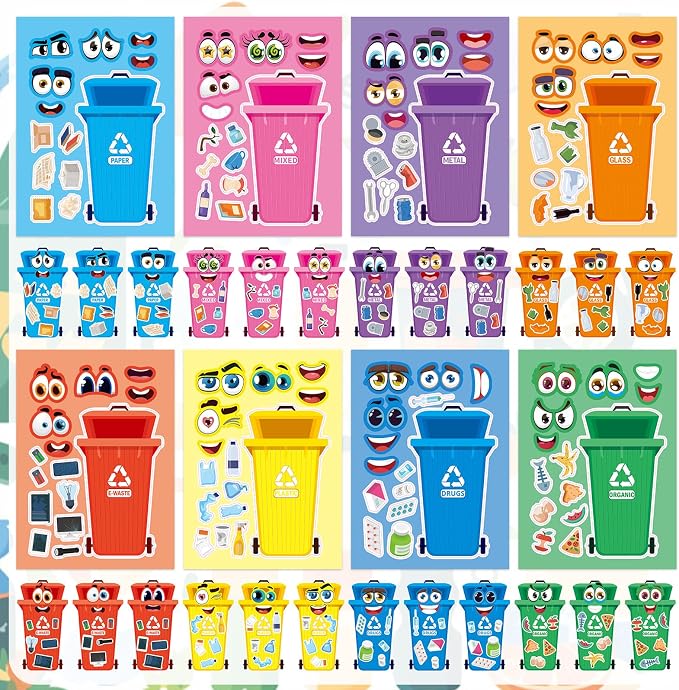 24 Sheets Recycling Bin Make a Face Sticker, Make Your Own Trash Bin Stickers Mix and Match Sticker for Home School Classroom Crafts Activities Reward Birthday Party Favors