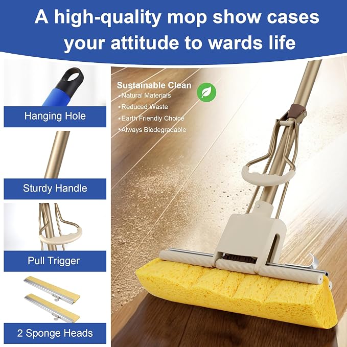 LILAC Cellulose Sponge Mop with 2 Replacement Heads,4-Color Handle for Zoned Cleaning, Super Absorbent Pop Up Roller Mop for Hardwood,Laminate Floors, Heavy Duty Floor Scrubber (Blue)