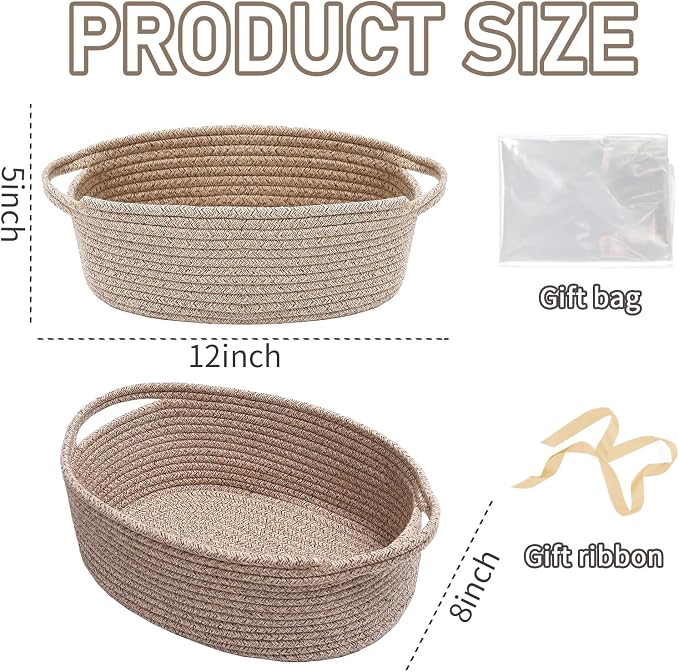 JMvicyroam Small Woven Basket, Empty Gift Basket, Oatmeal/1 Pack | Small Gift Basket, Cotton Rope, 12 x 8 x 12 in, Handles, Includes Ribbon and Bag, Birthday Gift Basket