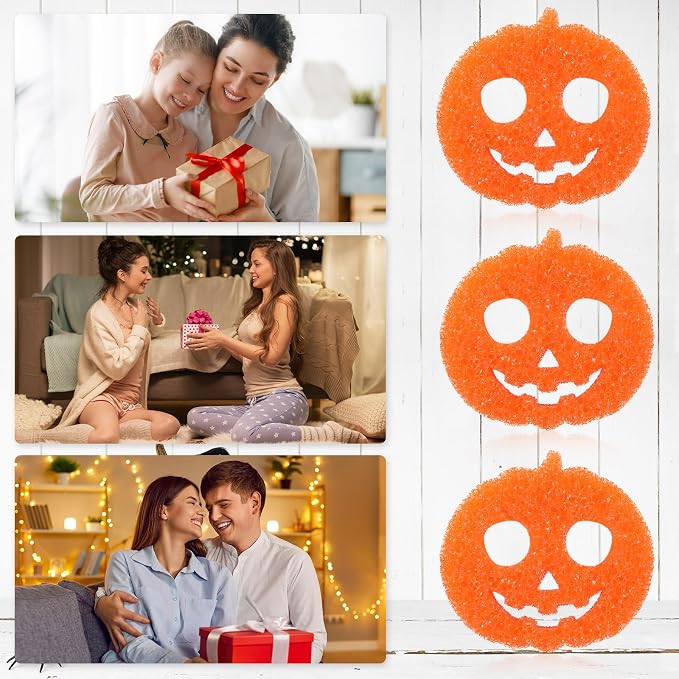 FillTouch Halloween Pumpkin 3 Pcs Scrub Sponge, Orange | 3 Pack Dual Sided for Dishes Kitchen, Non Scratch Temperature Color Changing, Soft Scrubbing Safe for Pots Pans Glassware