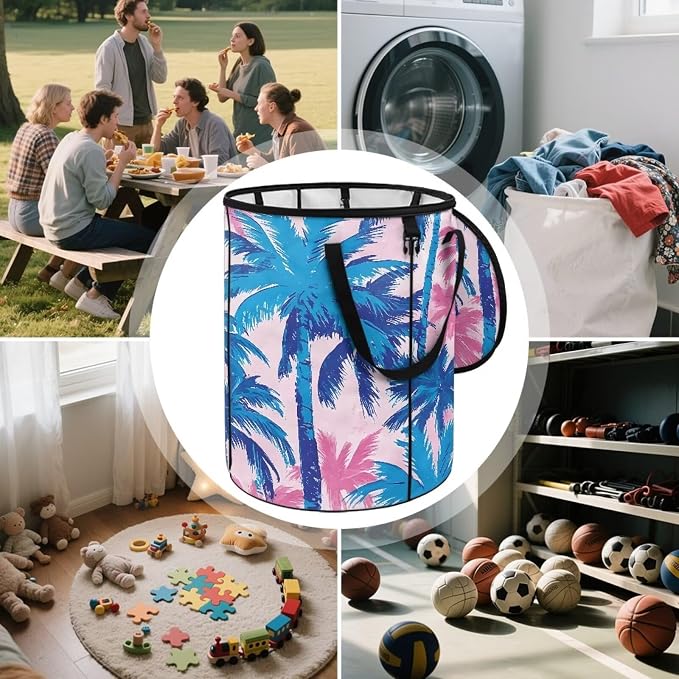 Blue Tropical Palm Trees Collapsible Camping Trash Can with Lid and Handles 24 Gallon Garbage Can Reusable Outdoor Trash Garden Leaf Bin Recycling Waster Bags