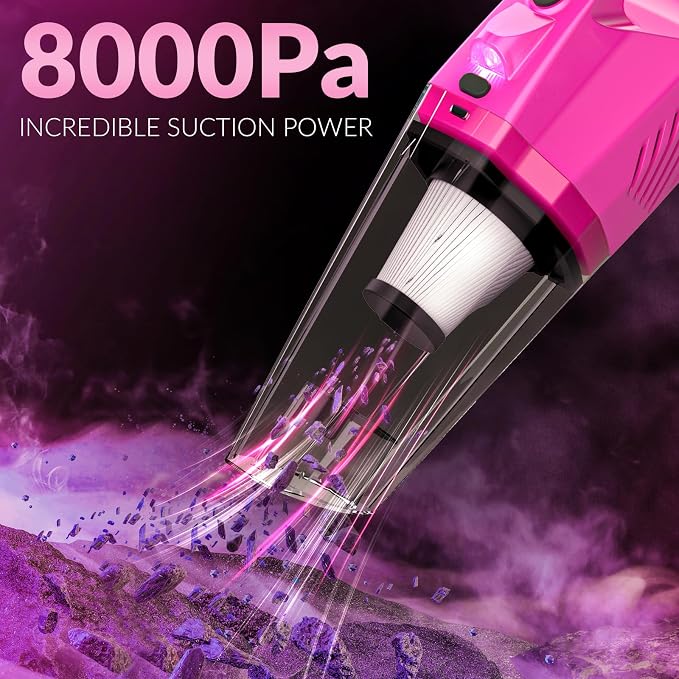 ThinkLearn Car Cleaning Kit with High Power Car Vacuum Detailing Kit | Cute Pink, 8000Pa Suction, 15ft Long Cord, 24piece Set, Interior Cleaning Deep Cleaning, Car Accessories Gift For Women