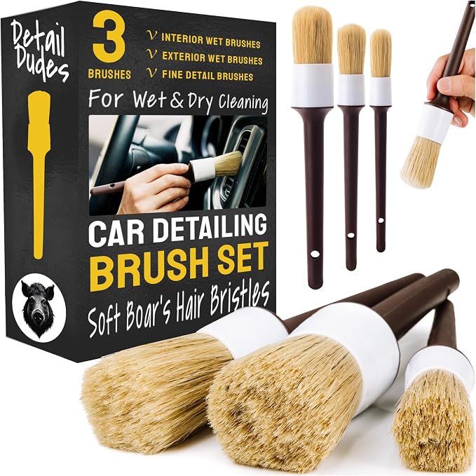 Car Detailing Brush Set 3-pc, Car Detailing Kit Interior by Detail Dudes | Boar Hair Detailing Brushes - Exterior & Interior Soft Bristle Cleaning Brushes - Car Accessories for Wheels, Leather & Trim