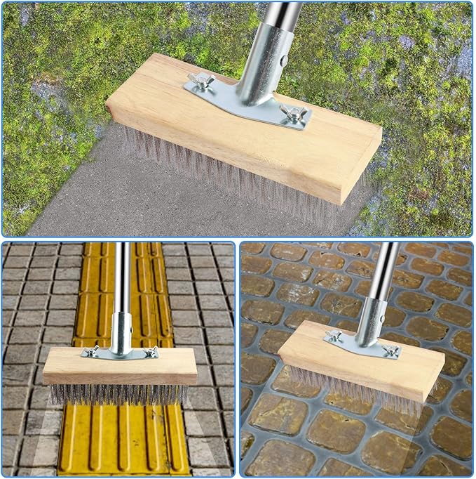 Stainless Steel Deck Scrub Brush with Detachable Long Handle Poles | Adjustable Wire Broom with 4 Detachable Pole Sections, Heavy Duty Metal Wire Floor Scrubber for Garden Cleaning