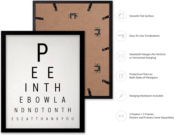 Poster Master 2-Piece Bathroom Sign Print - Eye Chart & Rules Poster - Humorous Guest Bath Decor - Minimal Typography Design - Powder Room Decor - Funny Restroom Sign - 8x10 Black Framed
