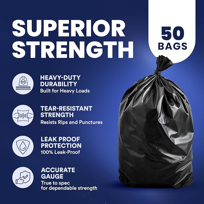 Plasticplace - T55151BK 55-60 gallon Trash Bags │ 1.5 Mil │ Black Heavy Duty Garbage Can Liners │Rolls │ 38” x 58” (50 Count) Black