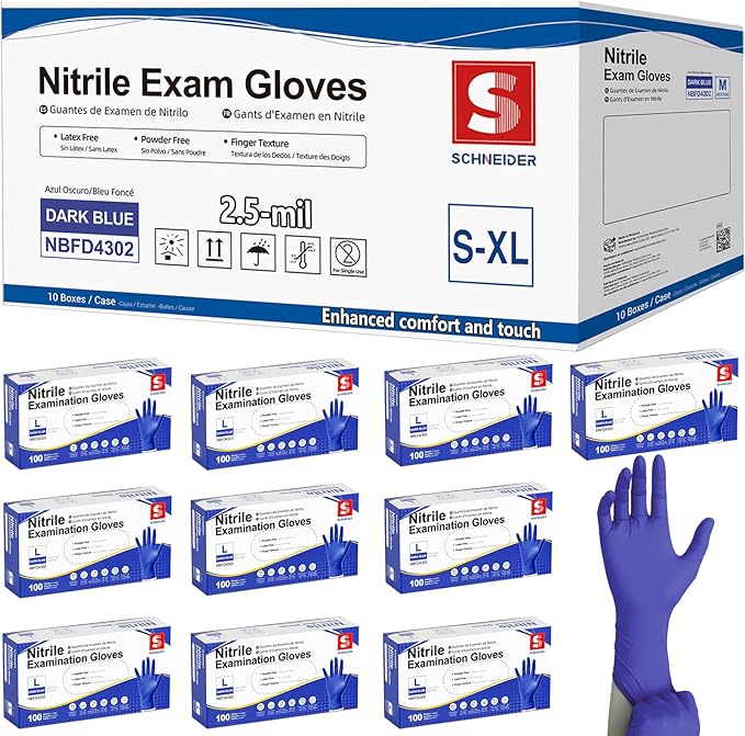 Schneider Medical Nitrile Exam Gloves, Powder & Latex Free, Darkblue | Disposable for Medical Exams, Cooking, Food Prep, Cleaning, Home, Household Use