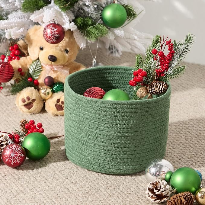 MiniArk Small Basket for Organizing | Cube Shelf Closet Storage Baskets | 9.7×9.7×7.1” | Woven Rope Gift Basket | Nursery | Round 3 Packs Green