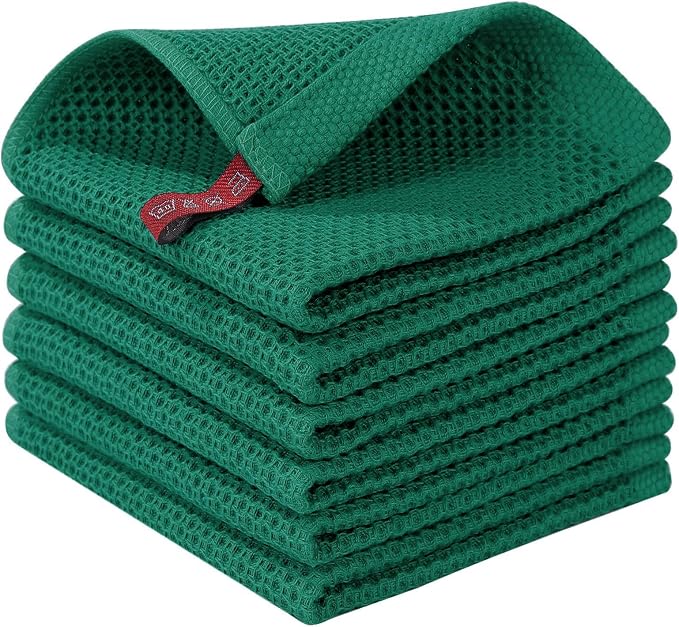 Homaxy 100% Cotton Waffle Weave Kitchen Dish Cloths 6-Pack, Dark Green | 12 x 12 Inches, Ultra Soft Absorbent Dish Towels, Quick Drying Dish Rags with Hanging Loop
