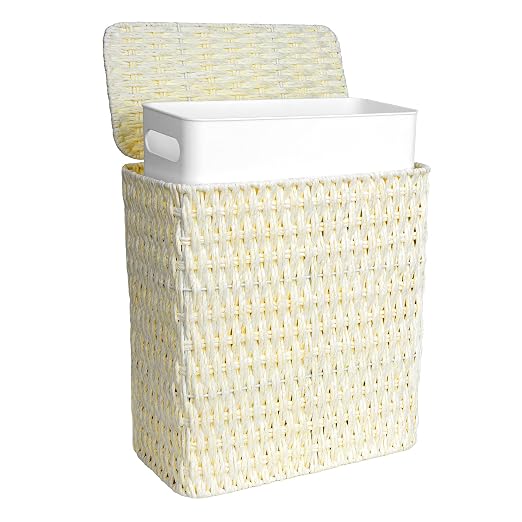 iEGrow Paper Rope Trash Can,Bathroom Trash Can with Lid, 3 Gallon Wicker Waste Basket with Removable Liner, for Bedroom, Living Room, Toilet, Under Sink Creamy White