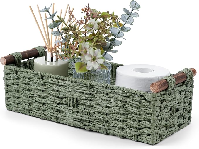 Round Paper Rope Storage Basket Wicker Baskets for Organizing with Handle Decorative Storage Bins for Countertop Toilet Paper Basket for Toilet Tank Top Small Baskets Set,Green | with Handle for Bedroom Home Decor and Shelves Apartment Countertop Use,G...