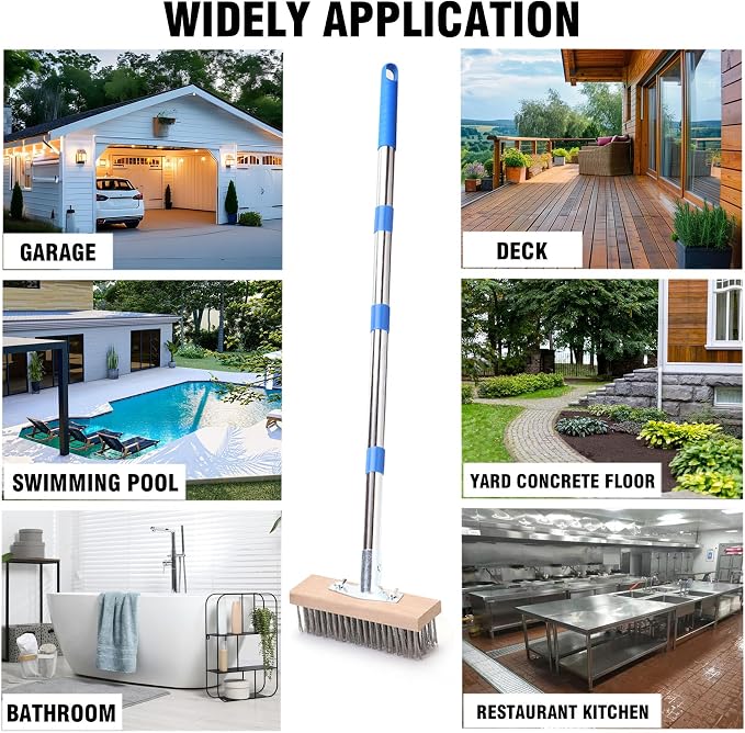 MAXMAN Wire Scrub Brush 2PCS, 63" Stainless Steel, Patio Floor Cleaning | 12" Brush Heads, Heavy Duty Large Wire Brush, Stiff Metal Bristle Floor Scrubber, Wire Broom for Deck, Concrete, Moss Removal