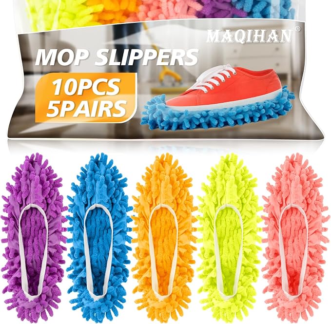 MAQIHAN 10 Mop Slippers for Floor Cleaning - 5 Pairs Microfiber Mop Socks | Size 8 Washable Mopping Slippers, Dusting Slippers, Mop Shoes Covers, Mopping Socks, Cleaning Tools for House Hardwood Floor