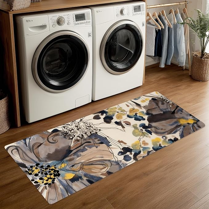ANNA QUEEN Vintage Watercolor Floral Laundry Room Rug Runner 20x47 Inch -Waterproof Non-Slip Floor Mat for Front Load Washer Dryer,Elegant French Country Decor,Machine Washable