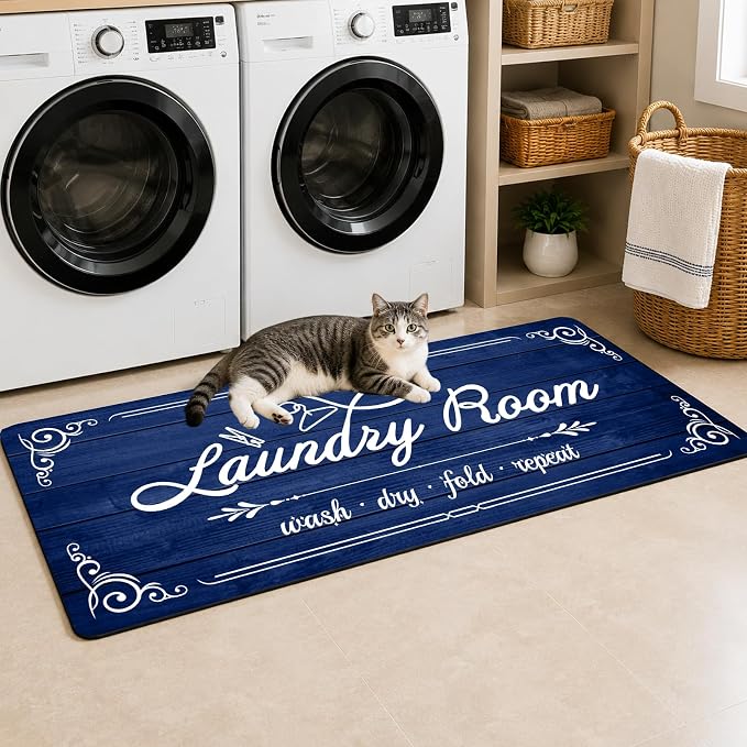 Non-Slip Laundry Room Rug Runner 17.3"x47.2" Washable Floor Cushioned Rubber Carpet Blue Bathroom Hallway Mudroom Kitchen Mat for Farmhouse Entryway Washroom Decor Accessories