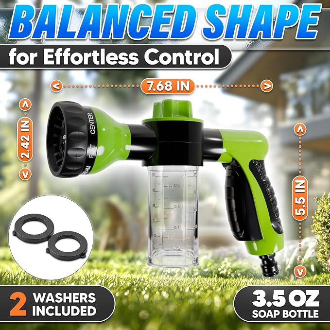 Hose Nozzle with Soap Dispenser and Trigger Flow - Car Wash Sprayer and Soap Sprayer Hose Attachment, Foam Control Dial, 8 Spray Patterns, 3.5 oz Refillable Tank - Fits 3/4 Inch Hose, Ergonomic Grip