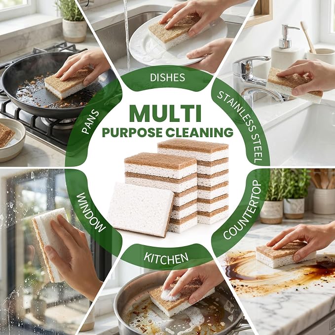 Metflavor Kitchen Sponges, 12 Count, Natural Sponge with Coconut Scrubber | Plant-Based, Non-Toxic, Biodegradable & Compostable, Non-Scratch, All-Purpose Cleaning